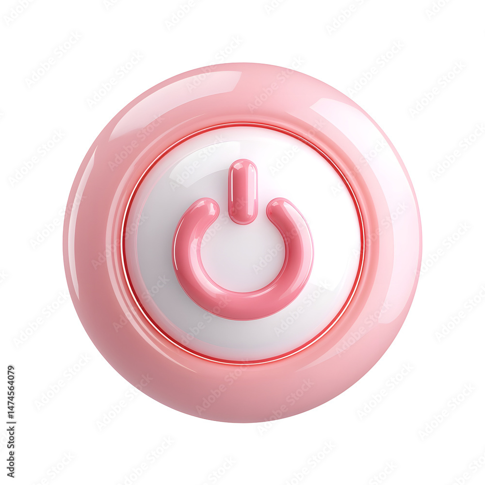 Poster a minimalist 3d rendered glossy pastel power button icon surrounded by a vibrant pink circular bubbl