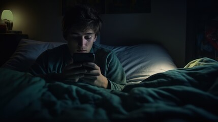 Fototapeta premium A young man in a green shirt is sitting in bed, using a smartphone with a dimly lit room in the background.