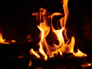 ホテルのロビーの燃える薪の炎の様子