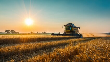 Obraz premium Combine harvester working in field at sunset