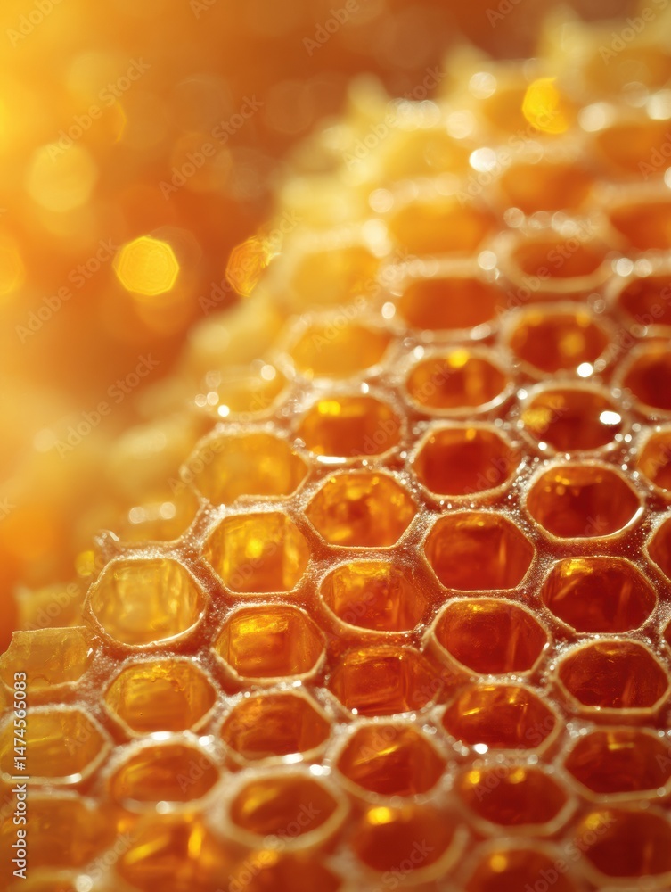 Poster Close-up View of Radiant Honeycomb Showcasing Golden Hues and Distinct Hexagonal Shapes Under Warm Light