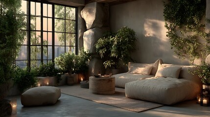 An immersive indoor sanctuary retreat designed for mental wellness and serene meditation with ambient lighting and tranquil decor