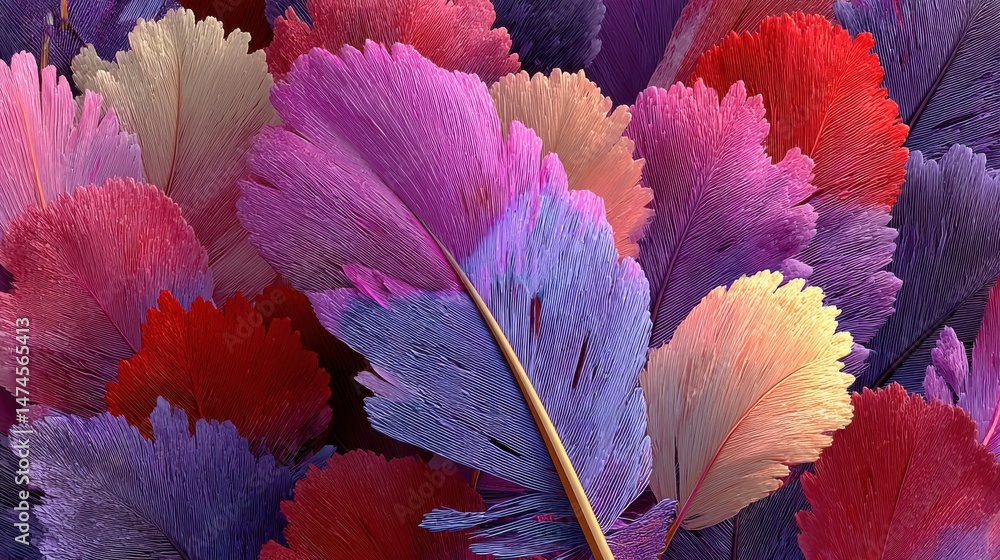 Poster colorful feathers on pink background generative ai.stock image