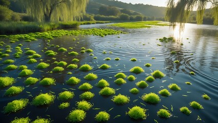 Naklejka premium Pond with green vegetation and willow tree landscape at sunrise