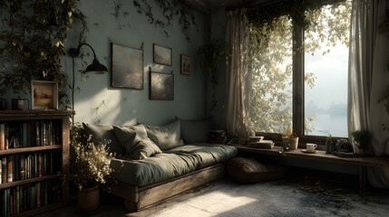 A Peaceful Library Escape: A Cozy Sofa, Herbal Tea, and Gentle Decor Invoking Reflection