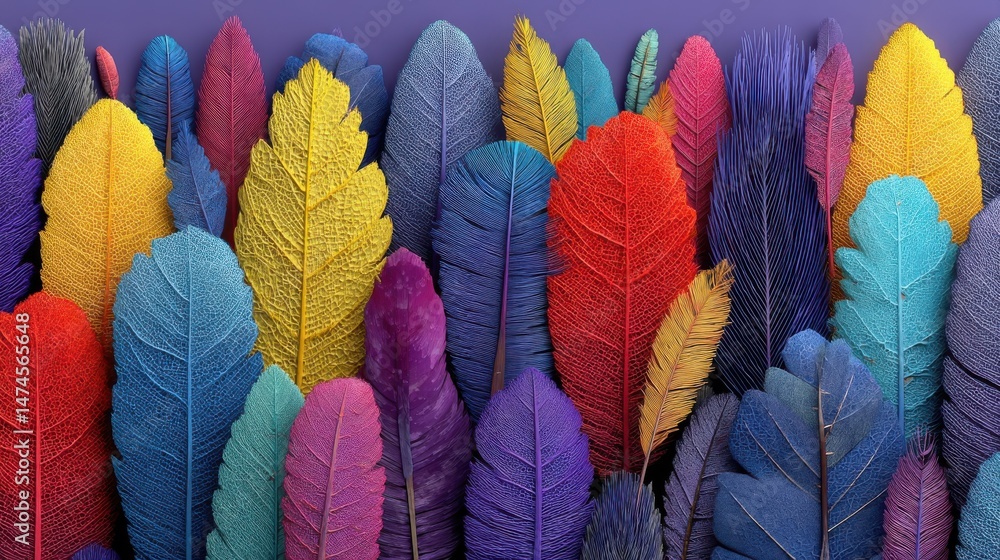 Poster colorful feathers on violet background generative ai,stock photo