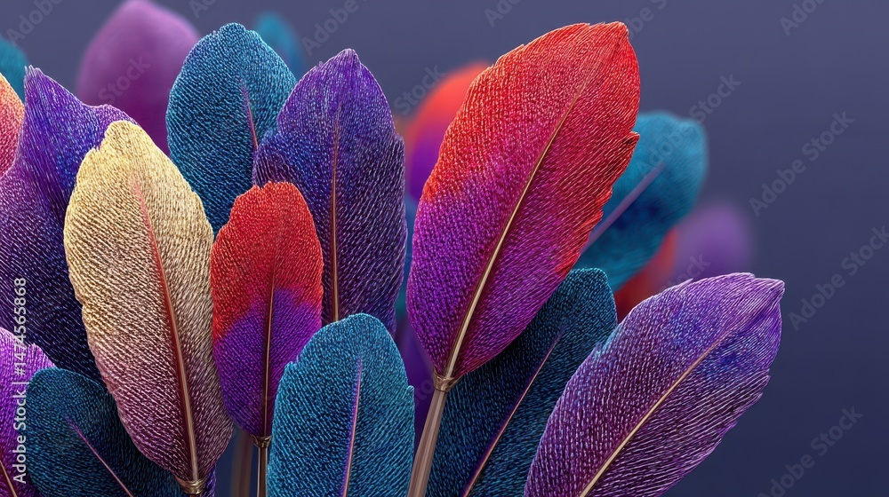 Aufkleber colorful feathers on violet background generative ai.stock image