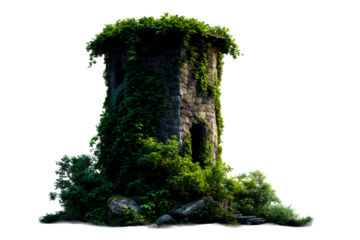 Ancient stone tower overgrown with lush greenery