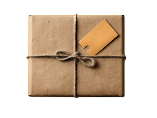 Brown gift box tied with twine and blank tag, isolated on a white background.