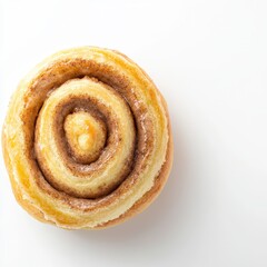 Fototapeta premium Close-up of a sweet cinnamon roll with a spiral shape and caramelized sugar glaze, on a white background, detailed texture, breakfast pastry, delightful treat