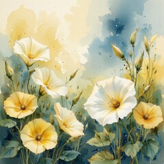 A stunning watercolor painting showcases a vibrant array of delicate white and pale yellow flowers blossoming in a serene and dreamy landscape setting under a soft yellow and blue
