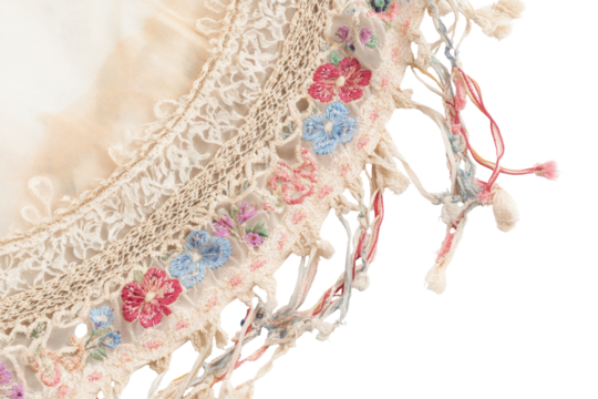 Delicate cream lace with embroidered flowers and frayed edges
