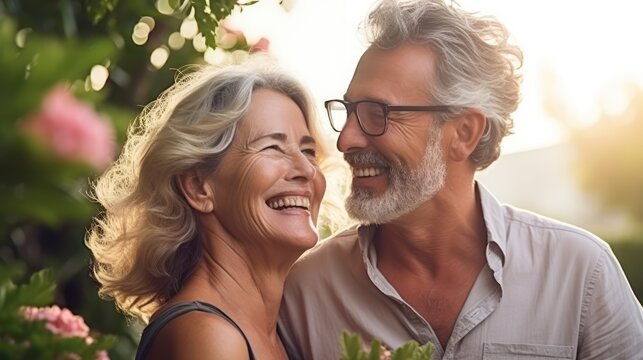 A smiling elderly couple embracing in a lush garden, with a warm sunset in the background.