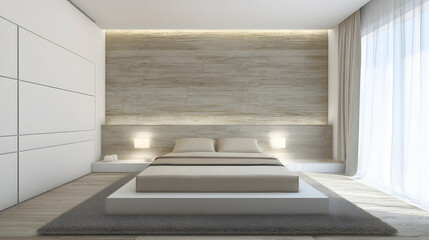 Fototapeta premium Minimalist bedroom interior with a raised platform bed and subtle ambient lighting