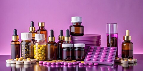 Modern Pharmacy Drugstore Display: Medicine Bottles, Vials, and Tablets
