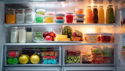 Refrigerator full of food storage containers