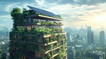 rendering of a building with a solar array on top of it, in an eco city