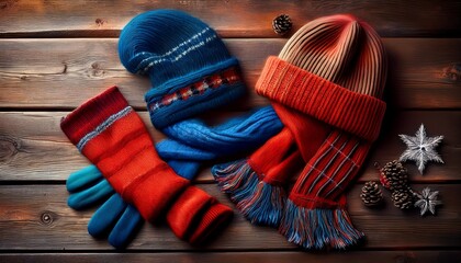 Winteraccessoires auf Holzhintergrund