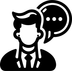Vector icon of a businessman in a suit with a speech bubble, representing communication, discussion, or consultation. 