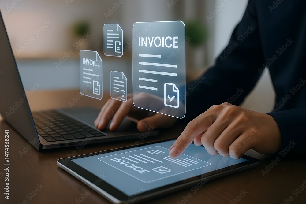 Poster close-up of a person's hands using a tablet and laptop to manage digital invoices. the image conveys
