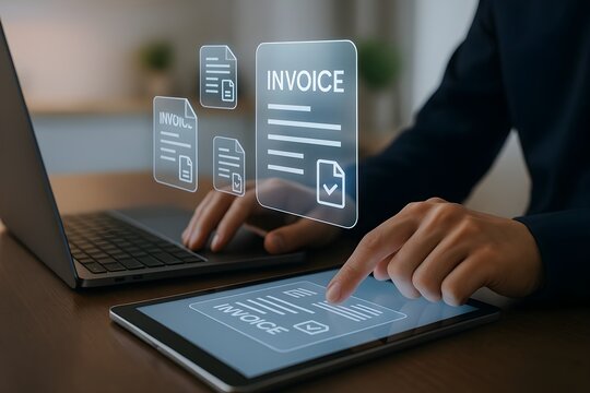 Close-up of a person's hands using a tablet and laptop to manage digital invoices. The image conveys efficiency and modern business practices.