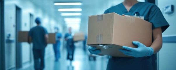 Healthcare Worker Holds Box in Hospital Corridor