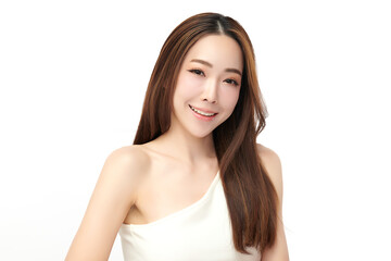 A beautiful young Asian woman with clean, fresh skin against a white background. Skincare, facial treatment, cosmetology, beauty, and spa. An elegant portrait of an Asian woman.