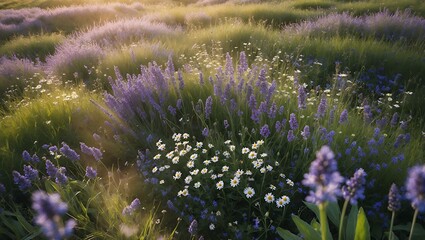 Obraz premium Lavender and Daisy Field at Sunset with Golden Light
