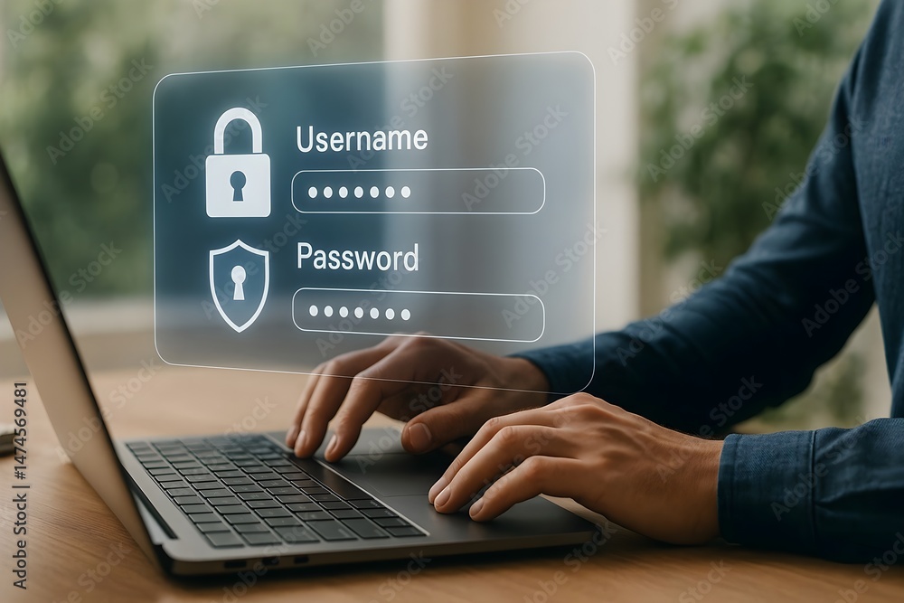 Poster close-up of hands using a laptop, with a digital interface showing username and password fields, emp