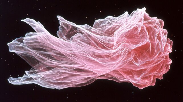 A galactic rose nebula with swirling trails of pink plasma forming petal-like shapes, bathed in ultraviolet light from energetic protostars embedded deep within