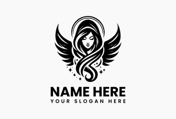 Stylized Hooded Winged Woman Vector Graphic. Mysterious Angelic Vector Logo Design