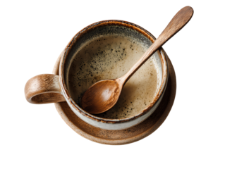 Coffee cup and wooden spoon on a white background. Perfect for cafe and drink themes.