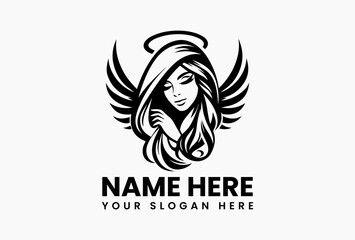 Monochrome Hooded Winged Woman Illustration. Minimalist Spiritual Art Vector Logo