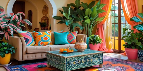Vibrant Tropical Living Room with Colorful Decor and Lush Plants, AI generated