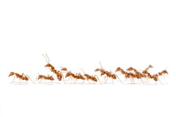 Fototapeta premium A colony of reddish-brown ants scurries across a white background.