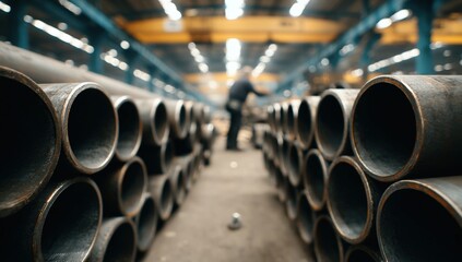 Obraz premium Stacks of metal pipes in a large industrial warehouse with a worker blurred in the background.