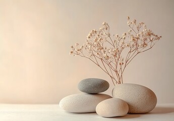 Pebbles with dried flowers in front of a light background.
