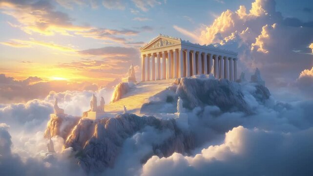 A majestic view of grand ancient Greek temple rising above the clouds on Mount Olympus