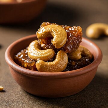 Macro photo of homemade doce de caju (cashew sweet) in crystal-clear detail, served in a small artisan bowl, warm lighting enhances the amber tones, glistening syrup texture, shallow depth of field fo