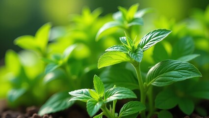 Obraz premium Fresh herb garden in spring, healthy plants, aromatic herbs, home gardening, natural produce