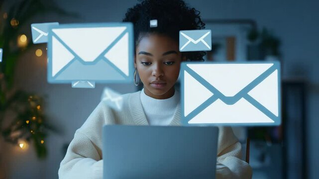 A black woman is focused on sending and receiving emails while working on a laptop at night in a well lit home office with floating message icons graphics