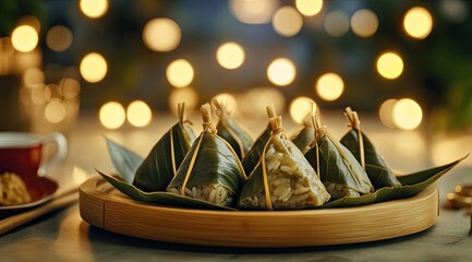 Festive conical rice dumplings, wrapped in leaves, arranged on a wooden platter with warm bokeh lights in the background