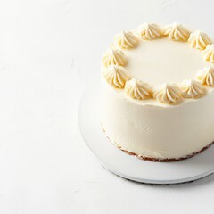 Fototapeta premium Elegant round layered vanilla cake with creamy frosting decorative rosettes on top and smooth surface, perfect for celebrations and special occasions
