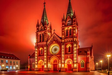 Naklejka premium Night Photography: Freiburg Herz Jesu Catholic Church, Illuminated Facade, Germany