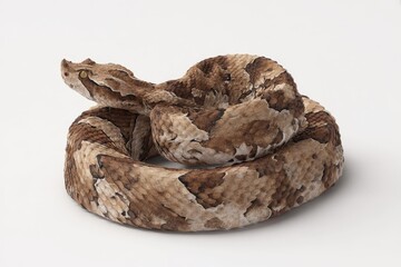 Obraz premium A detailed close-up of a puff adder, coiled on a white background. Its intricate scales and patterns are clearly visible.