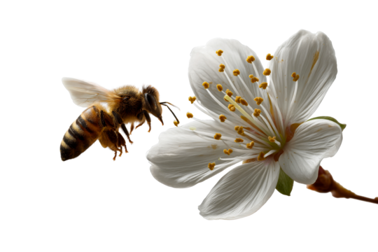 Bee approaching blossom during springtime pollination activity