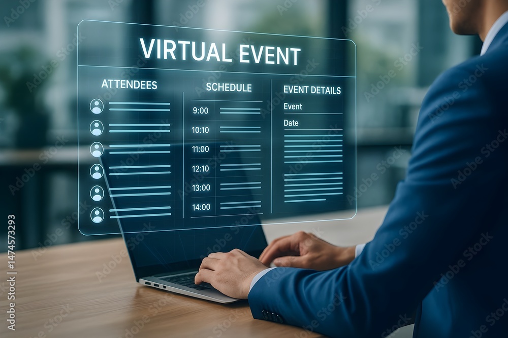 Poster a man in a suit sits at a desk, using a laptop to manage a virtual event. the screen shows a digital