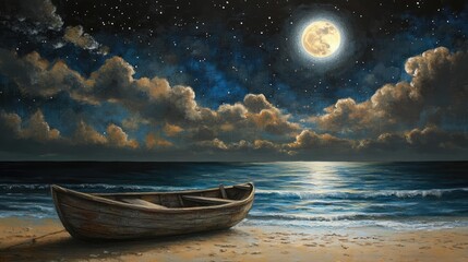 A serene night scene depicting a wooden rowboat resting on the shore