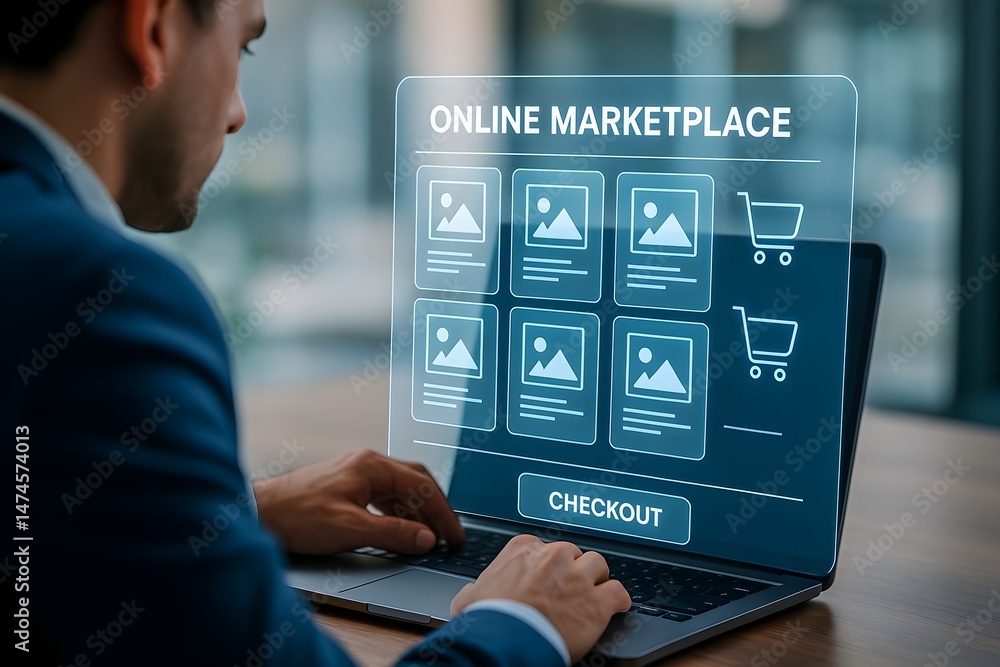 Poster close-up of a man using a laptop to shop online. the screen displays an online marketplace interface