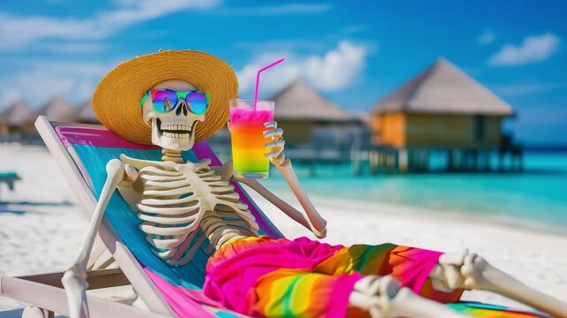 A skeleton on vacation enjoys a colorful drink while lounging on a beach chair at a tropical resort, surrounded by beautiful ocean and palm trees